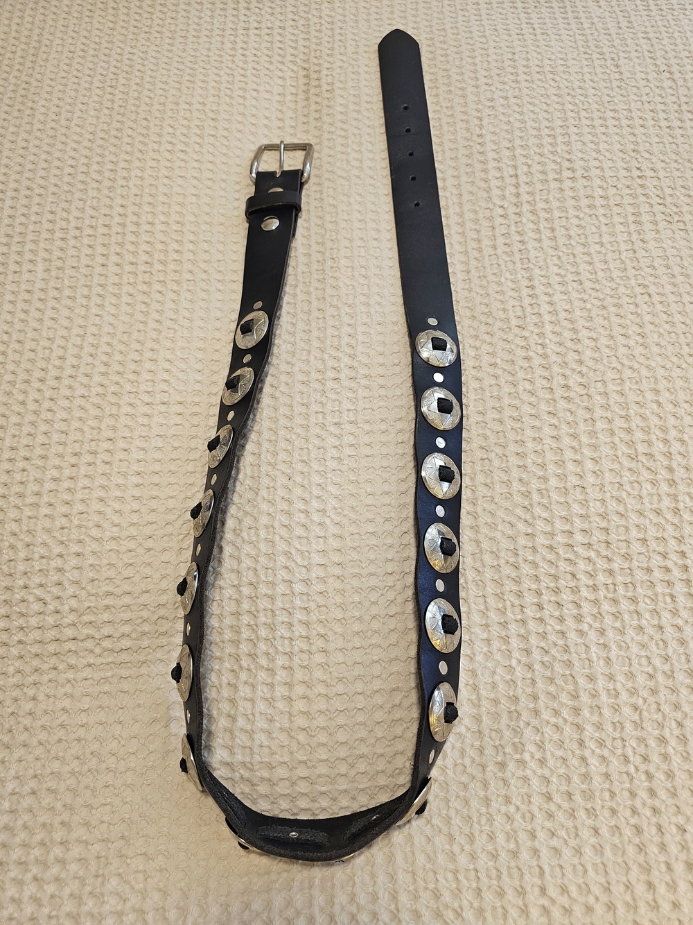 Vintage Handmade Black And Silver Concho Belt Unisex - Picture 5 of 12